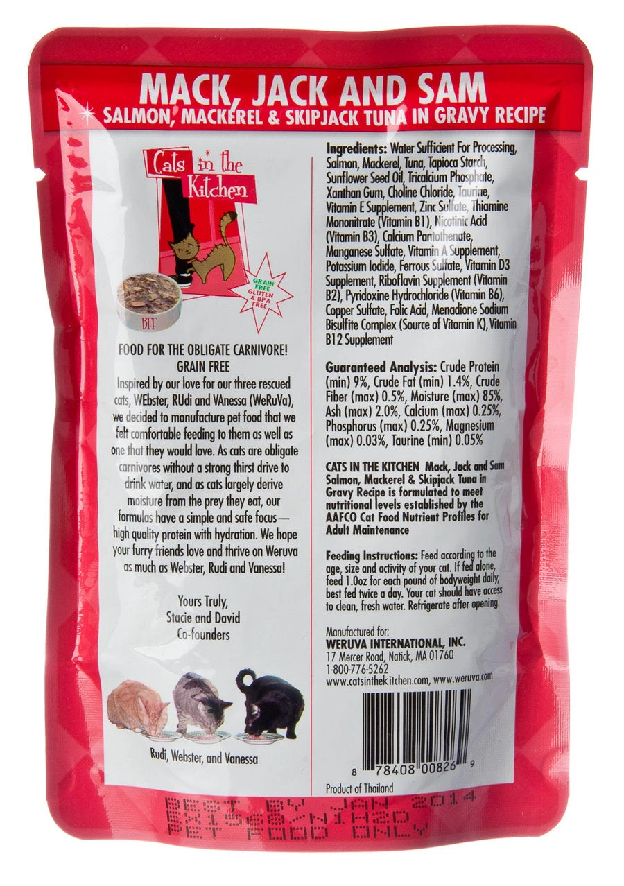 Weruva Mack, Jack, And Sam Mackerel Salmon & Tuna Cat Food Pouch 4 Weruva Mack, Jack, And Sam Mackerel Salmon & Tuna Cat Food Pouch